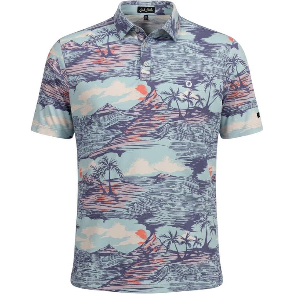 Bad Birdie Mens XL Tropical Island Palm Tree Print Golf Polo Shirt Blue Purple